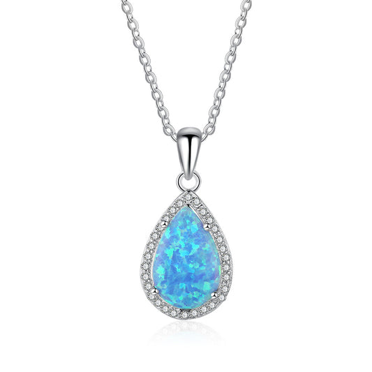 Planderful Jewelry Opal Necklace In Sterling Silver With Zircon Halo, Drop Shape Pendant