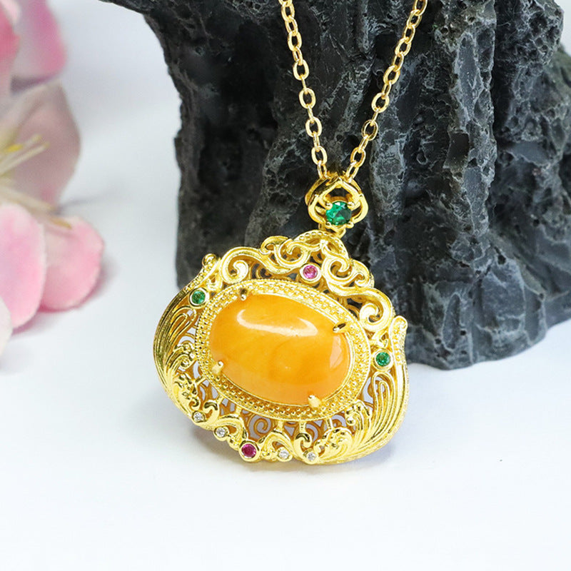 Amber Beeswax Pendant Sterling Silver Necklace With Zircon Accents and Amber Bead