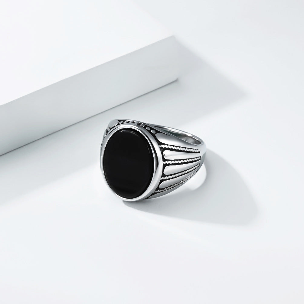 Planderful Everyday Genie Oval Black Stone Ring For Men Unisex Durable Stainless Steel Jewelry