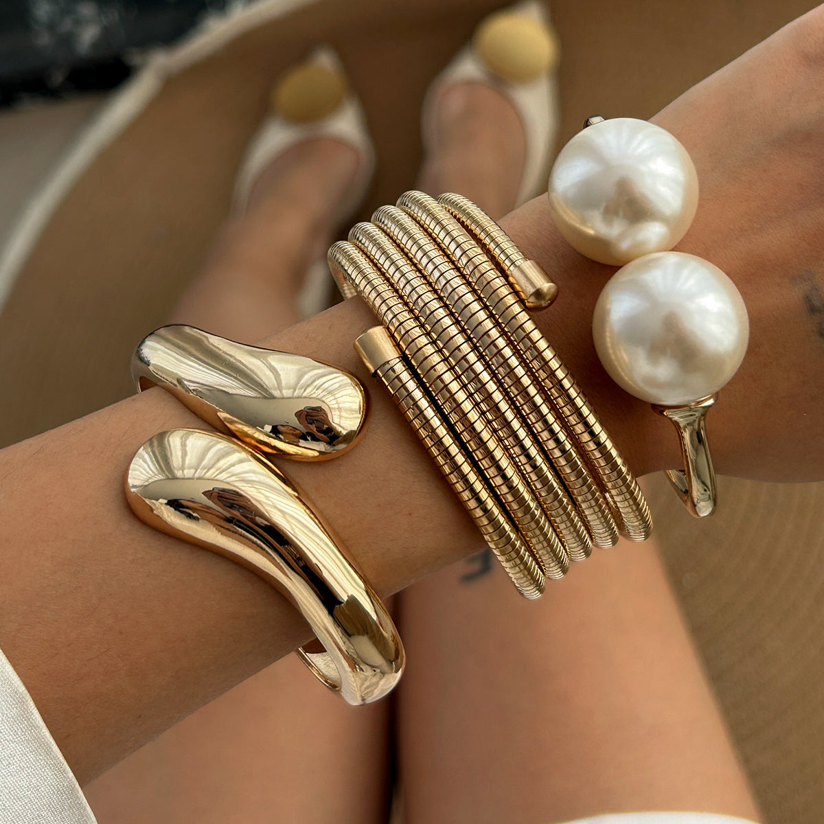 Planderful Vienna Verve Layered Pearl Bracelet For Women Bold Multi Layer Metal Clasp Statement Jewelry