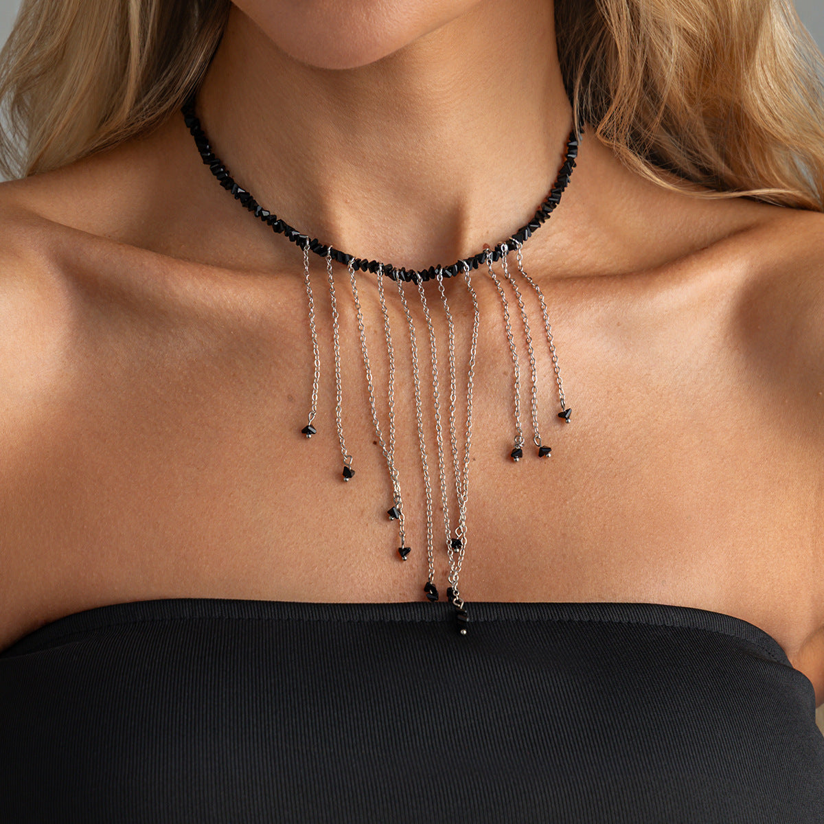 Crystal-Style Irregular Bead Fringe Necklace