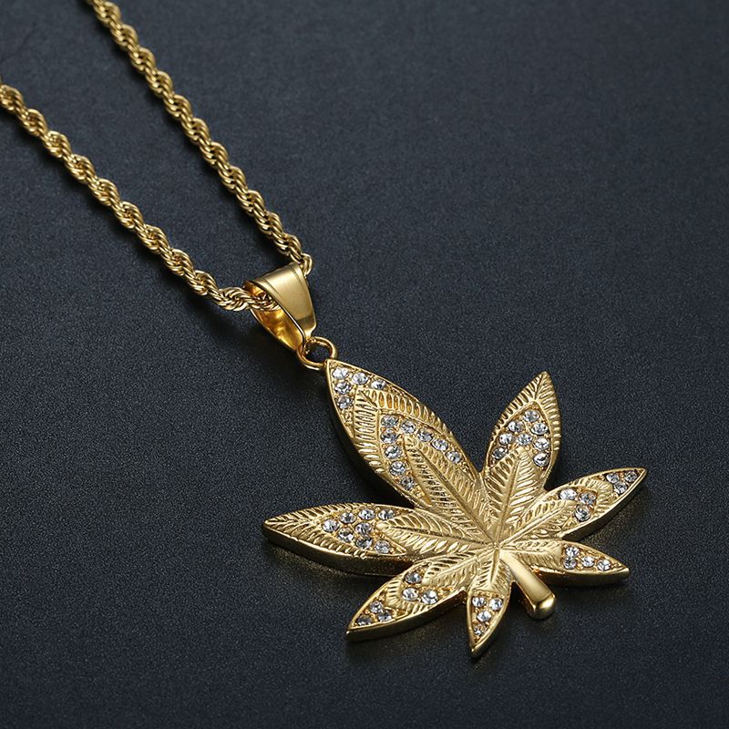 Hip Hop Jewelry Titanium Gold Plated Zircon Maple Leaf Pendant Necklace By Planderful For Urban Fashion Fans