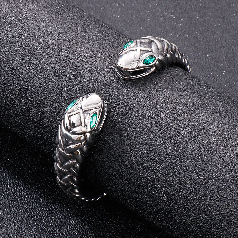 Rock Hip-Hop Zircon-Inlaid Double Snake Opening Titanium Steel Men's Bracelet