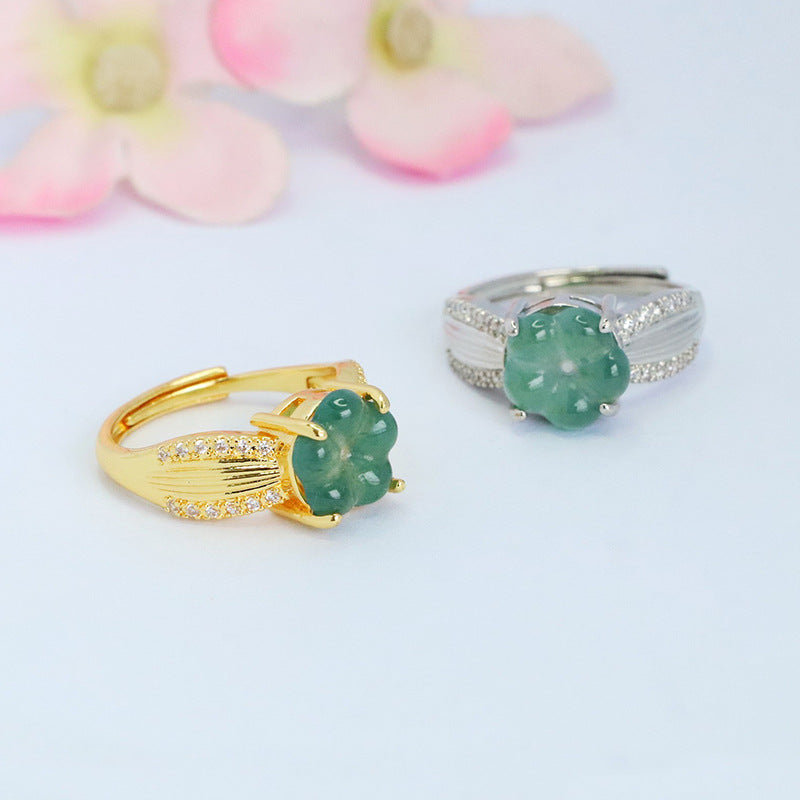 Blue Water Jadeite Four-Leaf Clover 10 mm Ring
