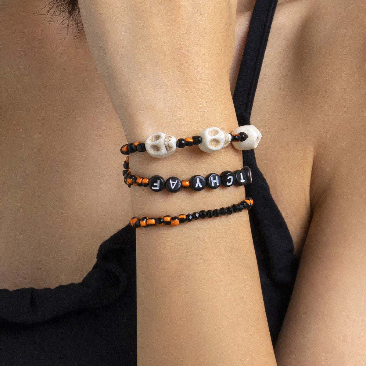 Planderful Vienna Verve Beaded Elastic Bracelet Set For Women Retro Skull Letter Witch Jewelry Statement
