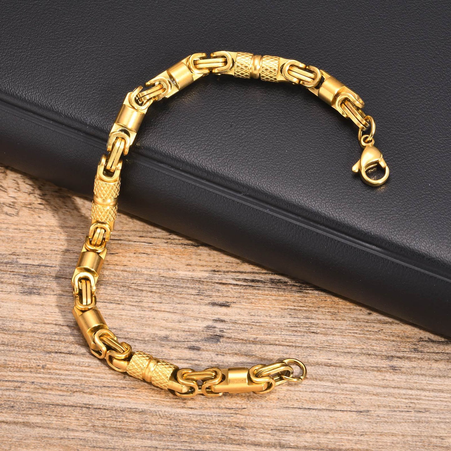 Stainless Steel Byzantine Handmade Chain Bracelet Men's Electric Black