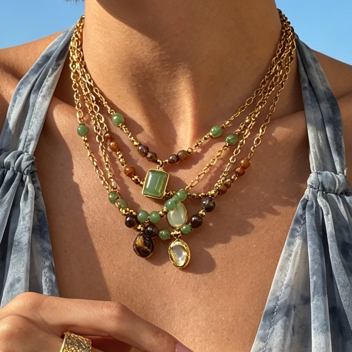 Vacation Gravel Pendant Beaded Collarbone Chain Retro Colored Gemstone Stainless Steel Neck Necklace