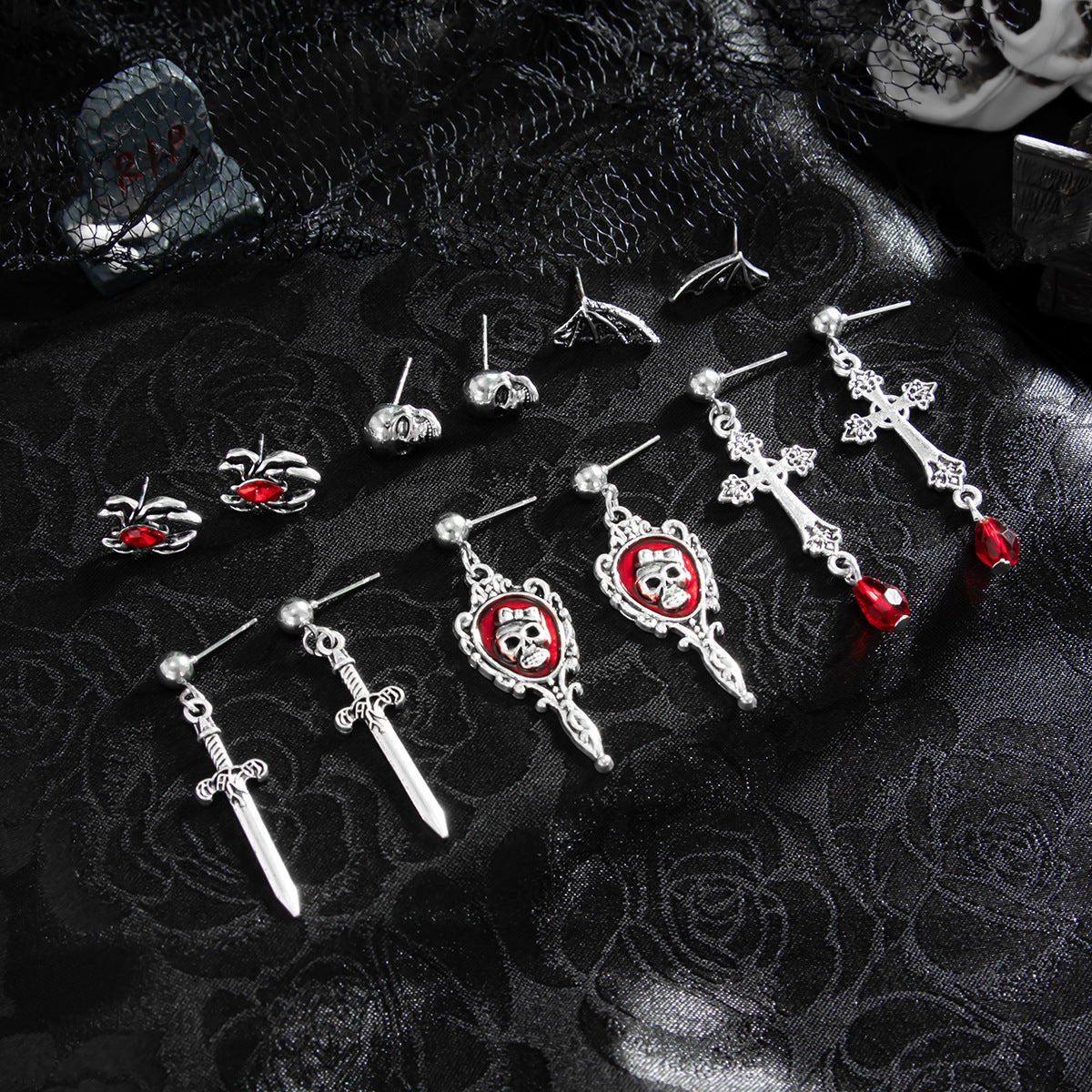 Planderful Gothic Halloween Earrings Set Spider Web Bat Blood Cross With Roses For Women Vienna Verve