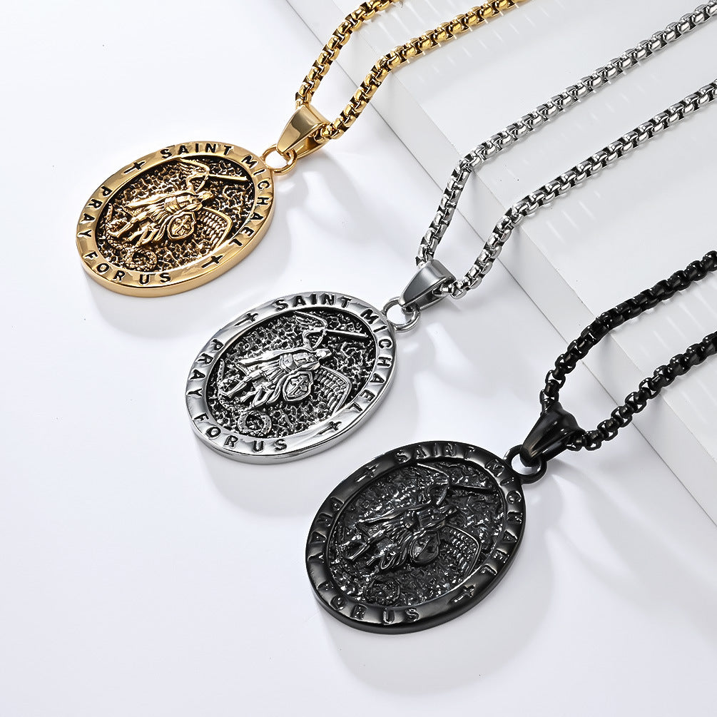 European and American Retro St. Michael's Archangel Titanium Steel Necklace for Men