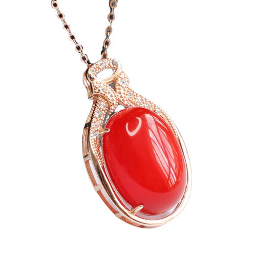Pigeon Egg Red Agate Necklace with Zircon Rose Gold Detail