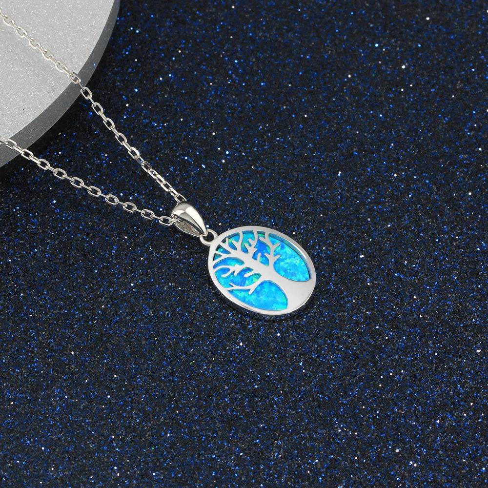 Planderful Jewelry Tree of Life Opal Pendant Necklace in Sterling Silver S925 Blue Oval