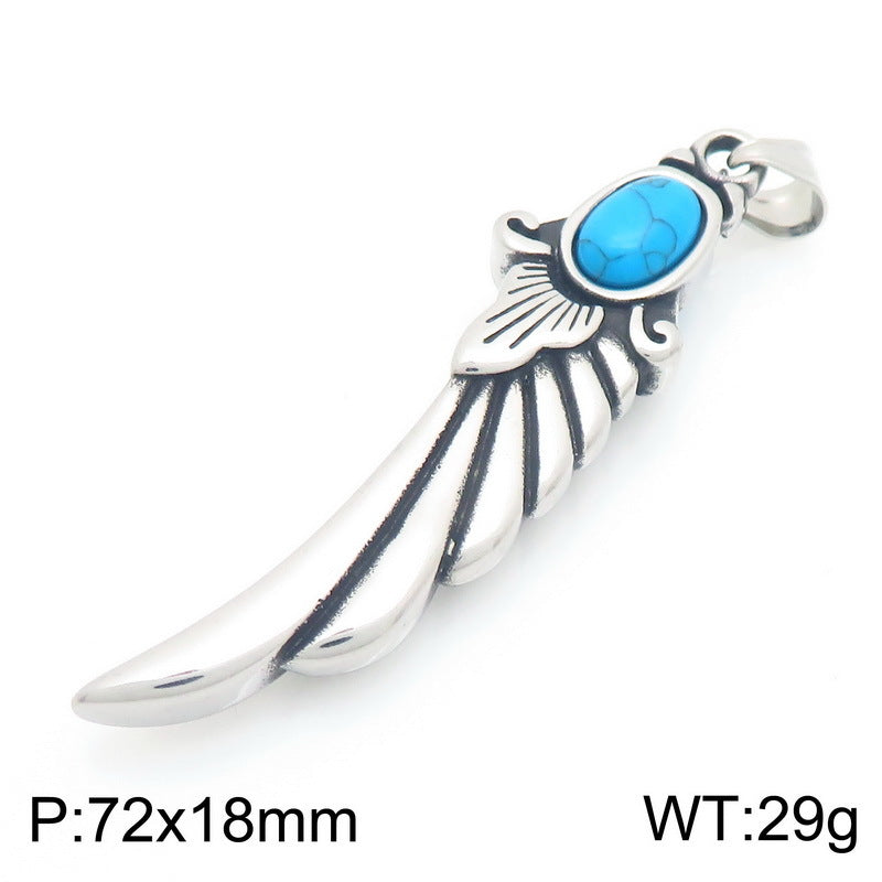 Axe Devil'S Eye Pendant, Ethnic Retro Turquoise Feather Pendant, Stainless Steel Men's Necklace