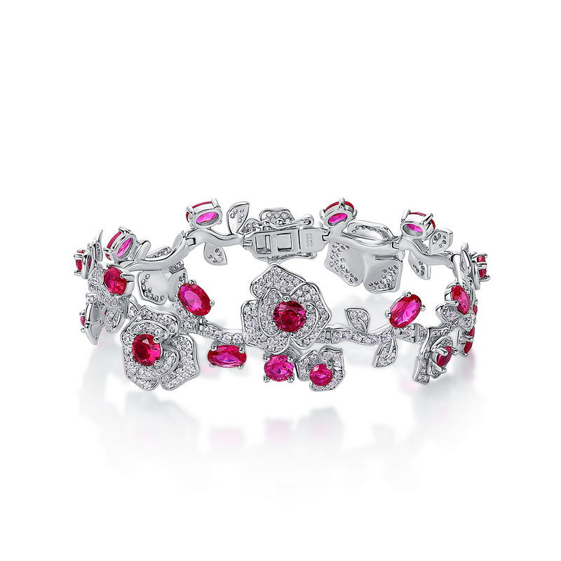 Planderful Gala Fireworks – Cross-border New Light Luxury Retro Pigeon Blood Red Lab Grown Ruby Bracelet S925 Sterling Silver Rose Colored Treasure Jewelry Women