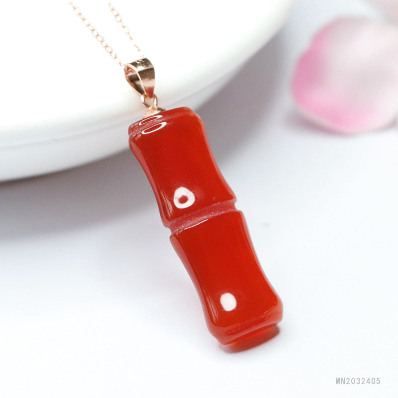 Red Agate Bamboo Silver Pendant — No Chain
