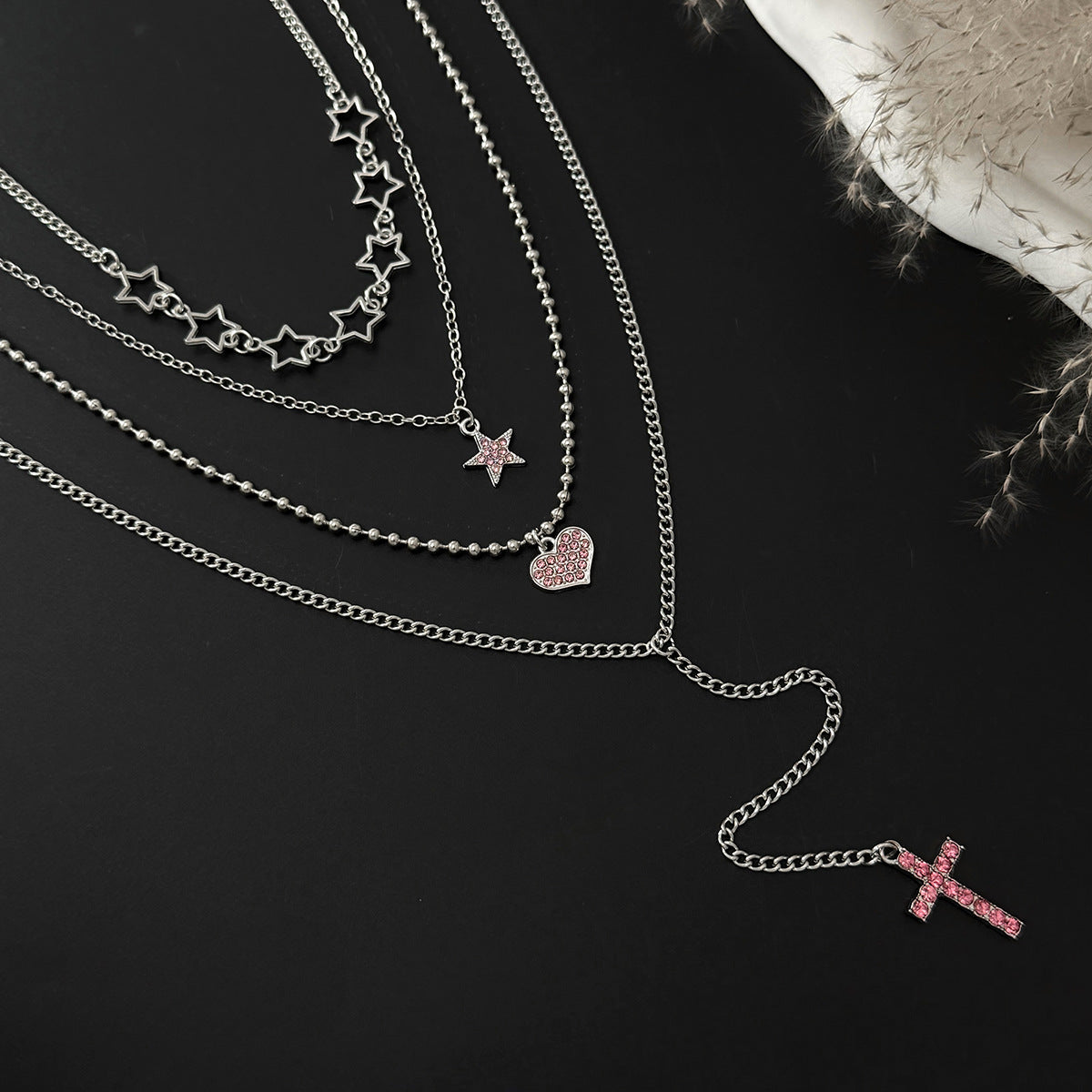 Y2k Spice Girls Pentagram Heart-Shaped Stacked Necklace Retro Cross Pink Zircon Pendant