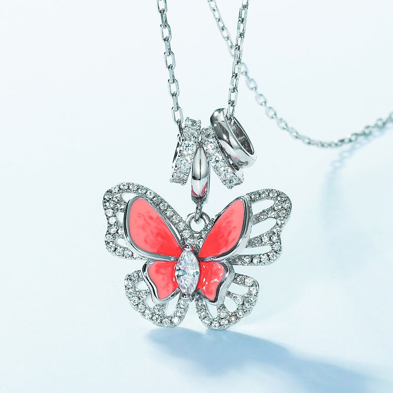 Enamel Red Butterfly Pendant Zircon Sterling Silver Necklace