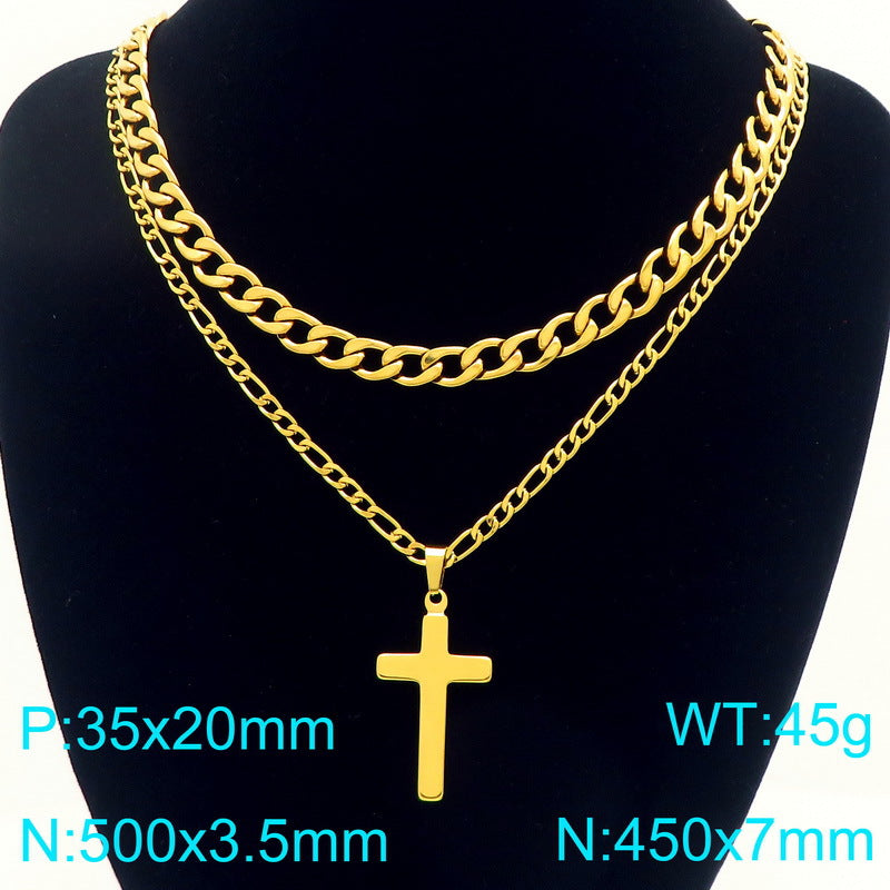 Retro Lettering Cross Necklace, And Nk Chain Double-Layer Stacked Stainless Steel Men's Necklace