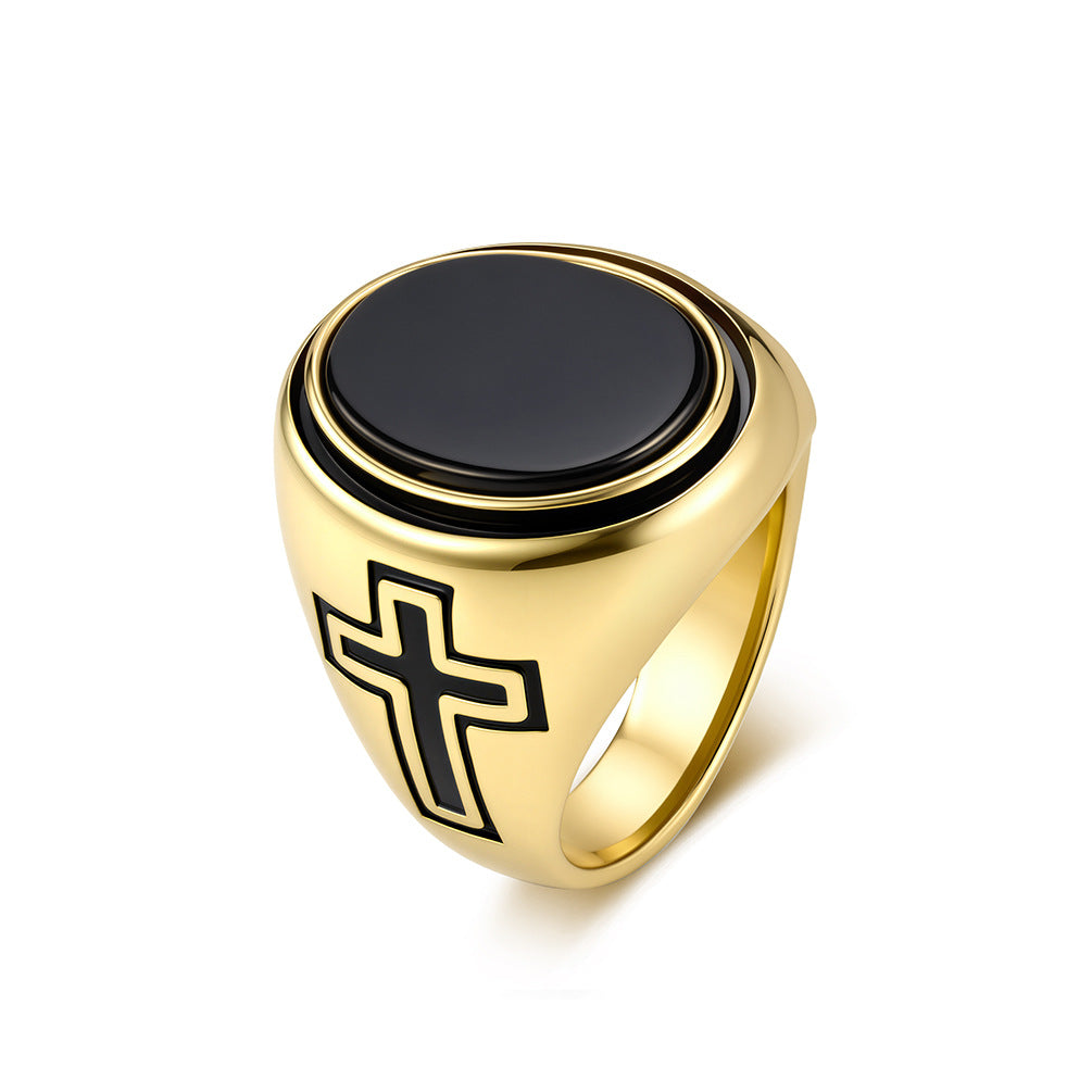 Cross Tiger's Eye Black Gemstone Stainless Steel Ring for Men