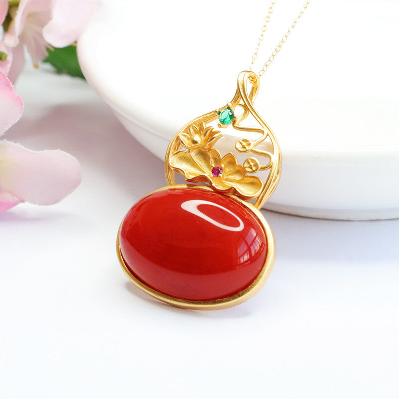 Agate Gourd & Lotus Silver Pendant — No Chain