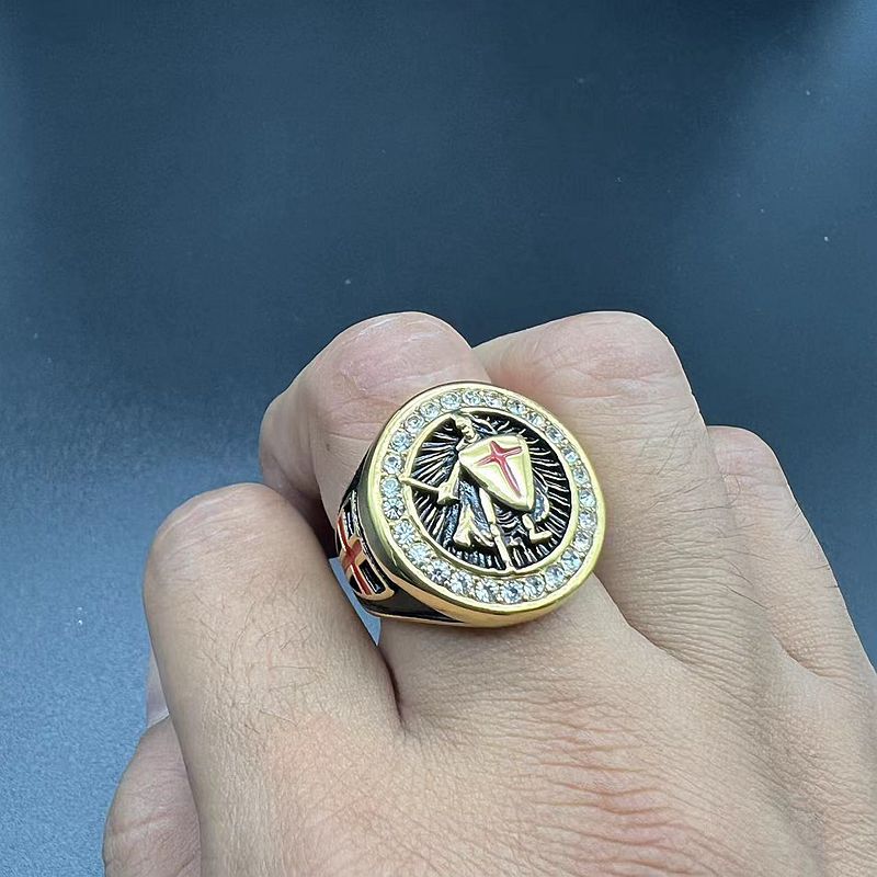 Planderful Gold Titanium Steel Ring For Men Bold Retro Templar Red Cross Shield Everyday Genie