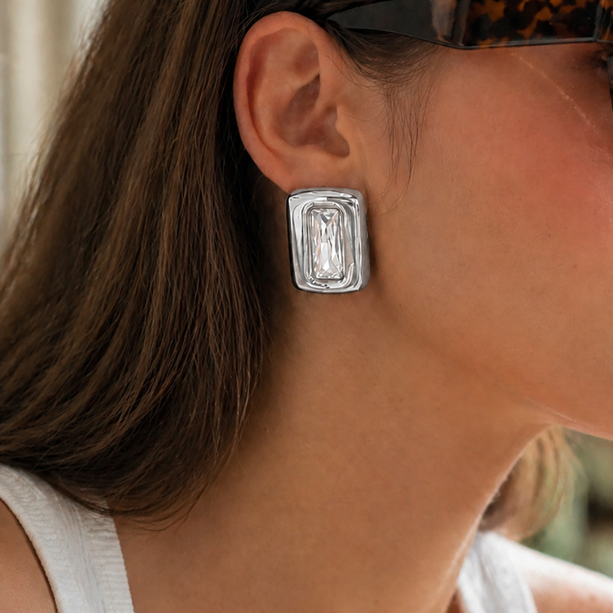Stainless Steel Stud Earrings Retro Geometric Square Industrial Design Zircon Accent For Women By Planderful