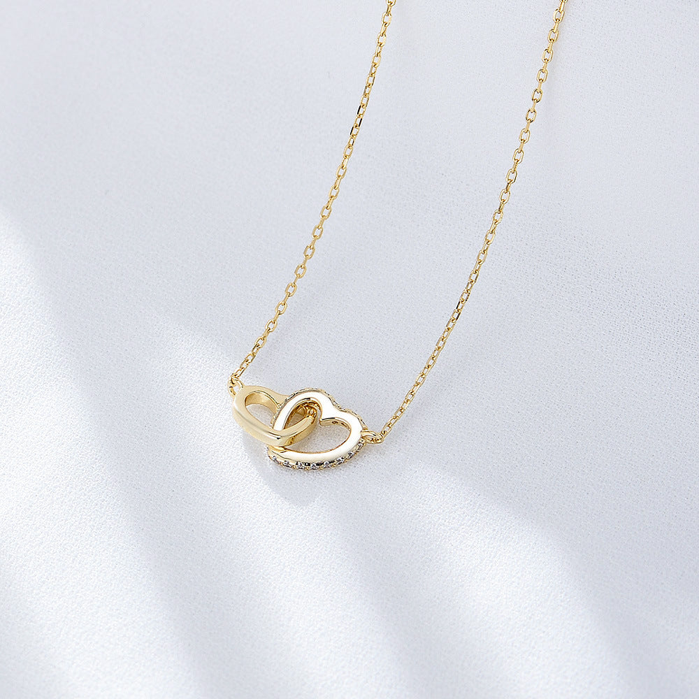 S925 Sterling Silver Zircon Love Interlocking Necklace Korean Version Classic Heart-Shaped Versatile Necklace