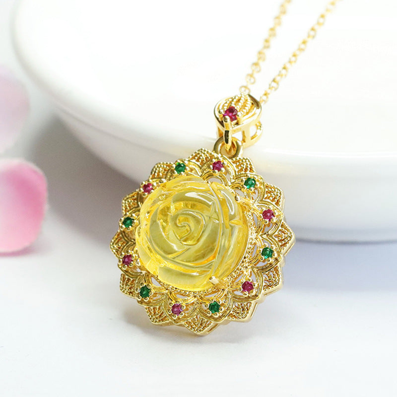 Golden Flower Amber Zircon Rose Pendant - Handcrafted Sterling Silver Jewelry