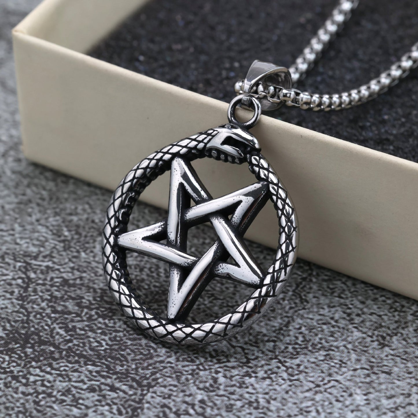 Planderful Stainless Steel Mens Pendant Retro European American Snake Pentagram Statement Necklace For Men