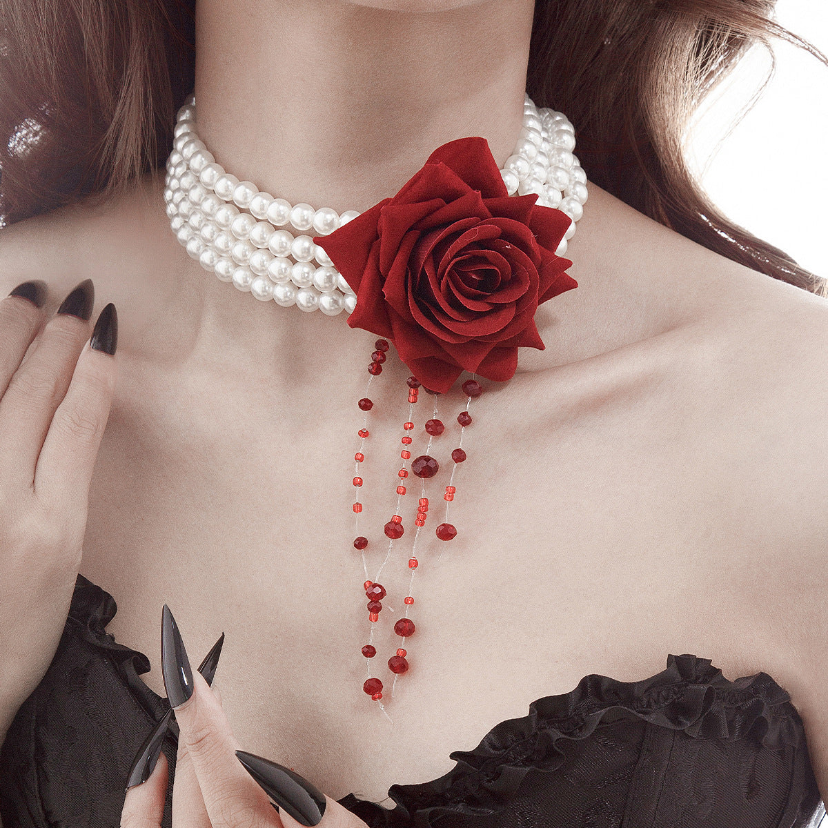 Gothic Pearl Rose Fringe Necklace