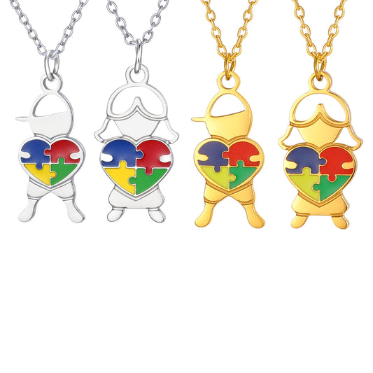 Stainless Steel Epoxy Heart-Shaped Puzzle Children's Necklace