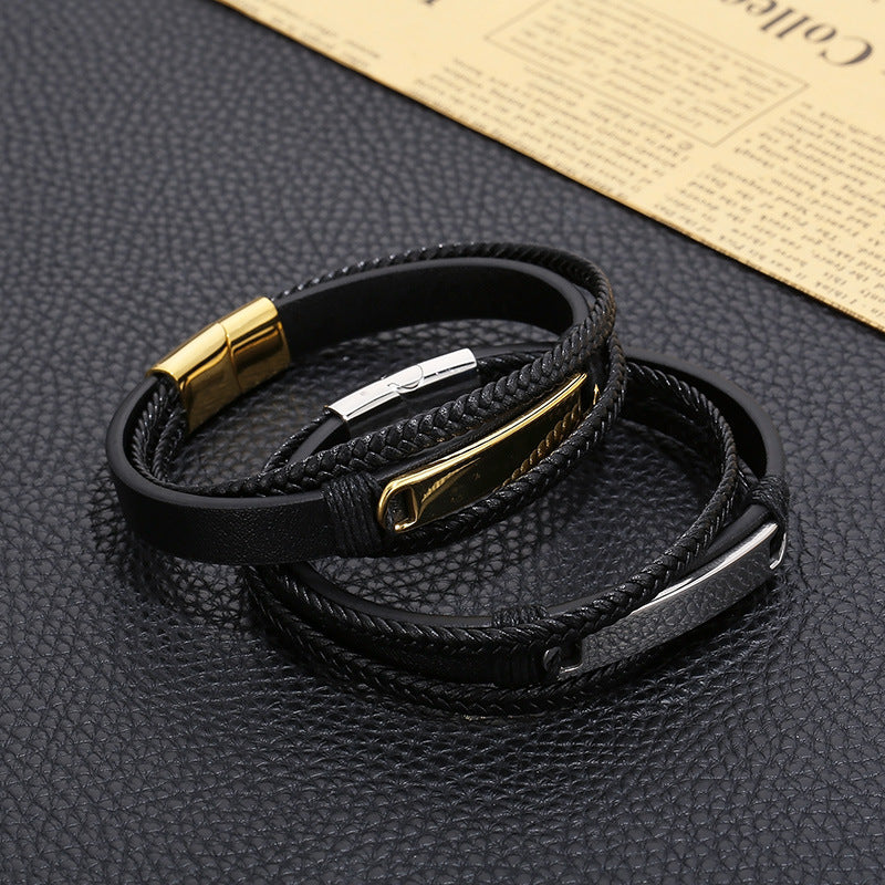 Planderful Mens Titanium Multi Layer Leather Bracelet