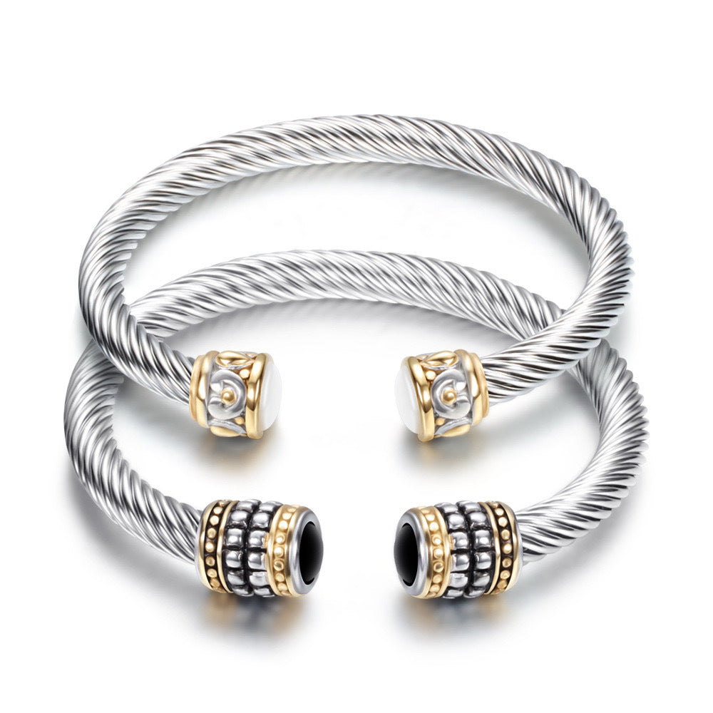 Planderful Everyday Genie Unisex Timeless Two Tone Stainless Steel Bracelet With Twisted Wire Zircon Inlays