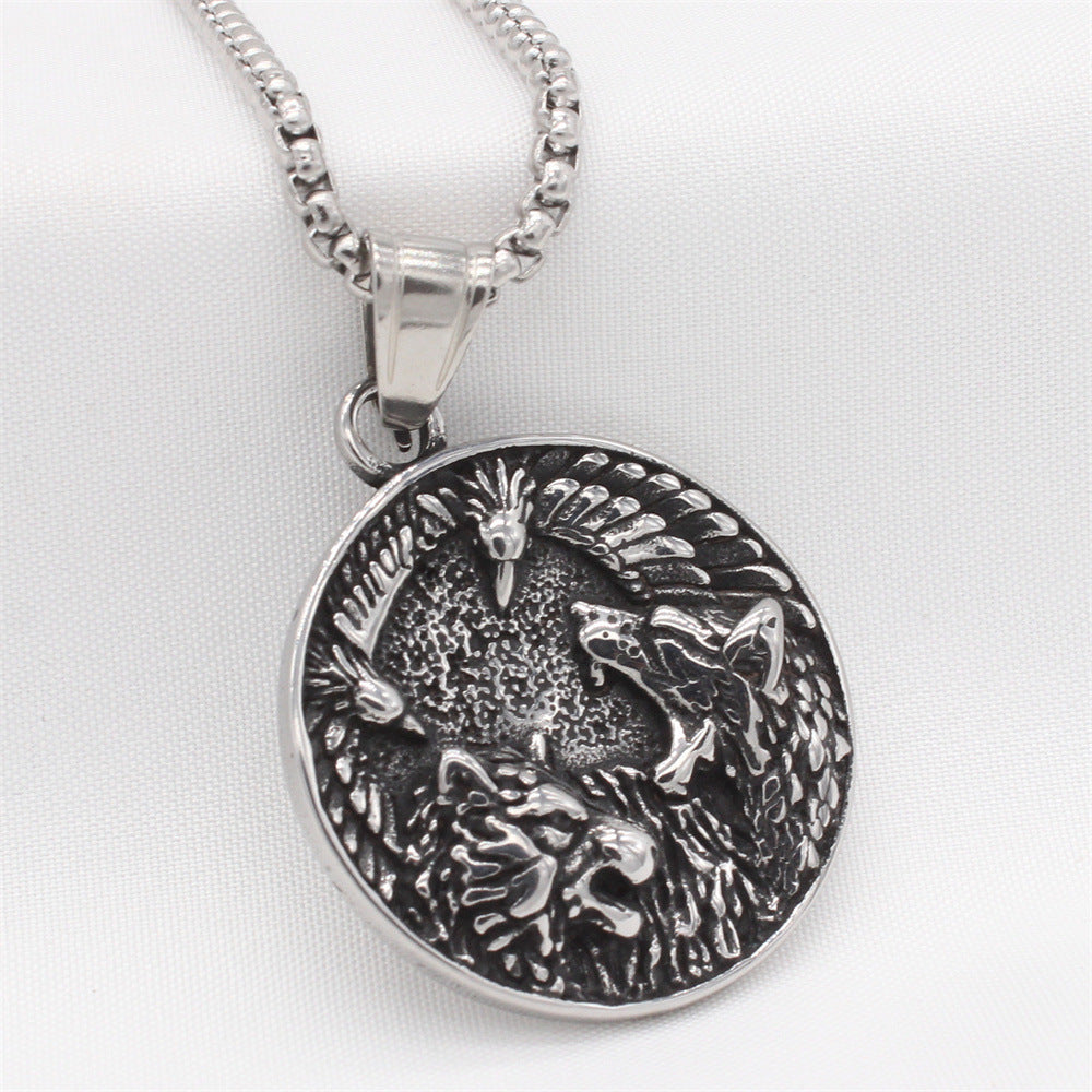 Nordic Viking Celtic Wolf and Crow Pendant for Men in Titanium Steel