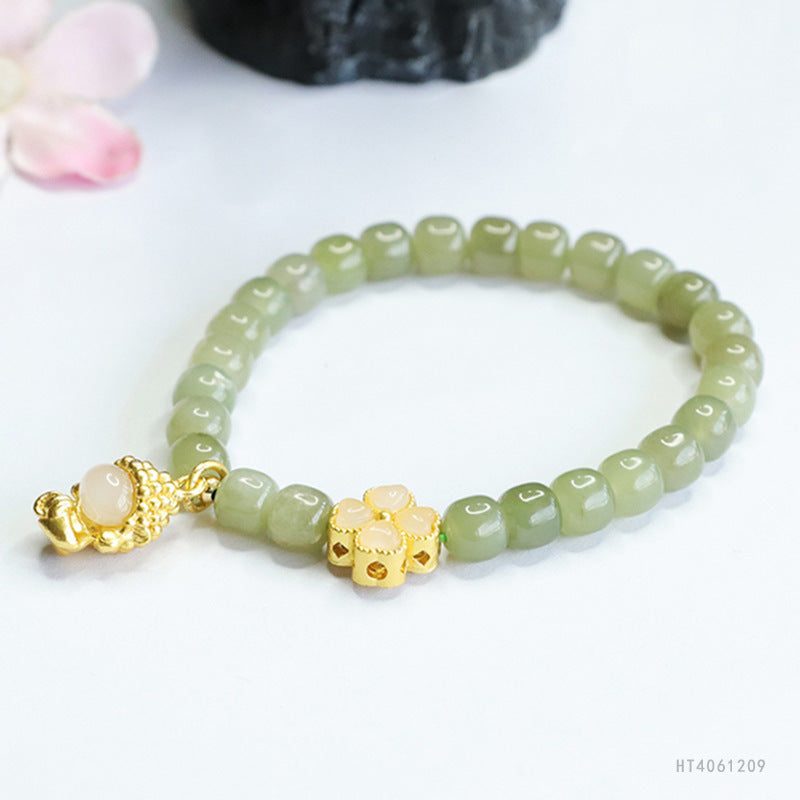 Qingshui Hetian Jade Flower & Buddha Charm Bracelet