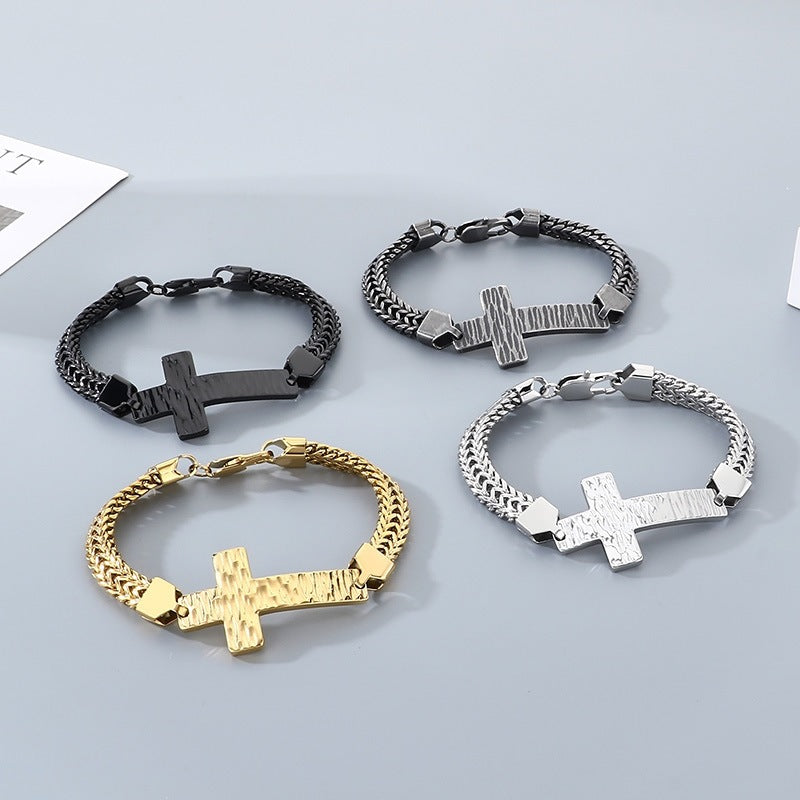 Double-Row Keel Chain Bracelet – Hammer Pattern Texture Bending Brand Cross – Stainless