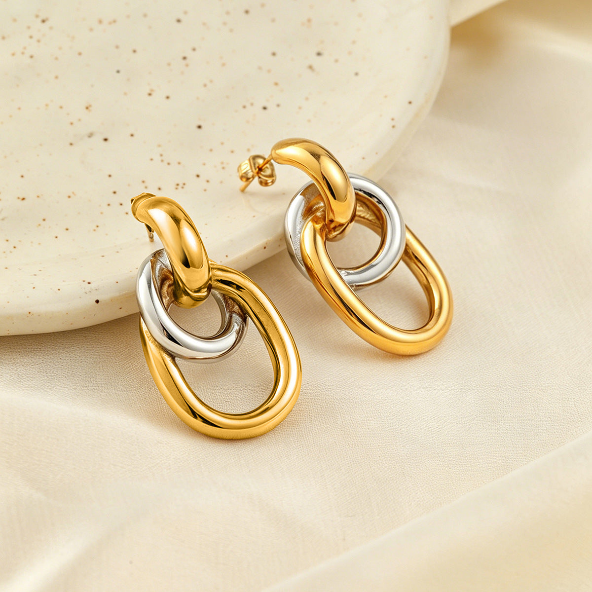 Planderful Stainless Steel Double Ring Earrings Color Block Geometric Versatile Statement For Women