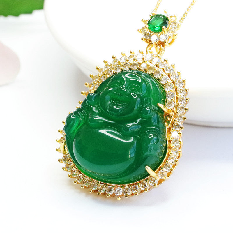 Green Chalcedony Buddha Pendant Sterling Silver Necklace with Zircon Accents