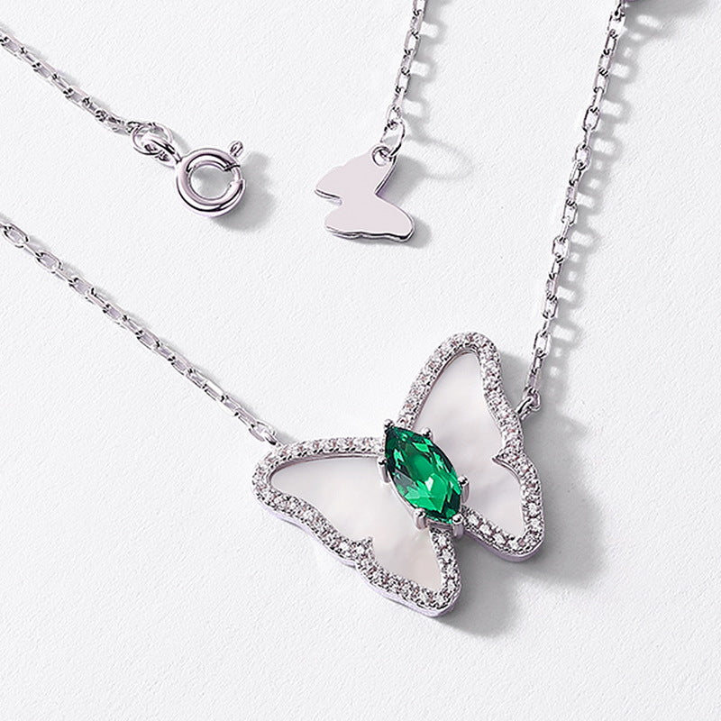 S925 Sterling Silver Lab-Grown Emerald Butterfly Pendant Necklace