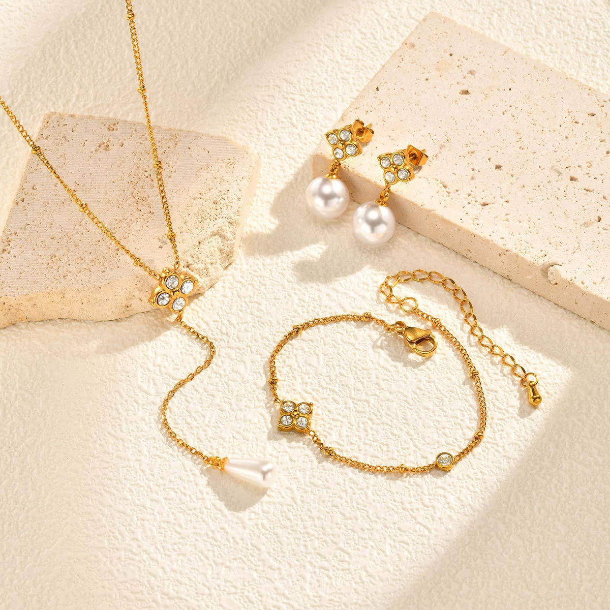 Stainless Steel Four-Leaf Clover Pearl Earrings Women's Necklace