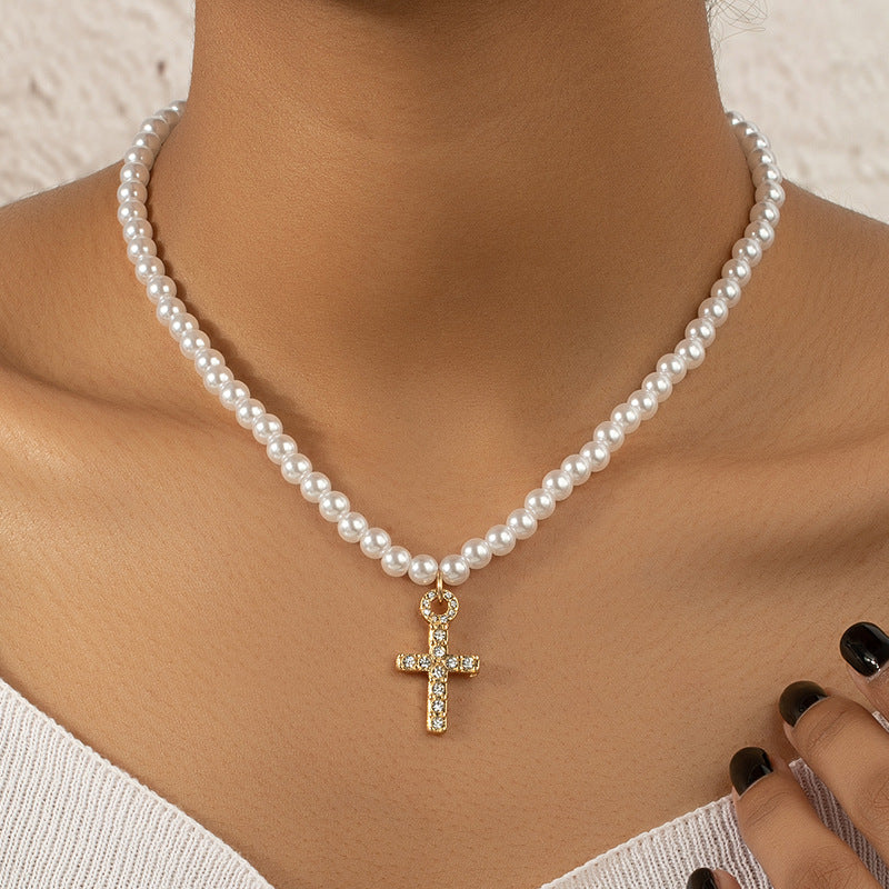 Icy Breeze Cross Necklace Set with Pearl Accent - Women's Elegant Fashion Jewelry