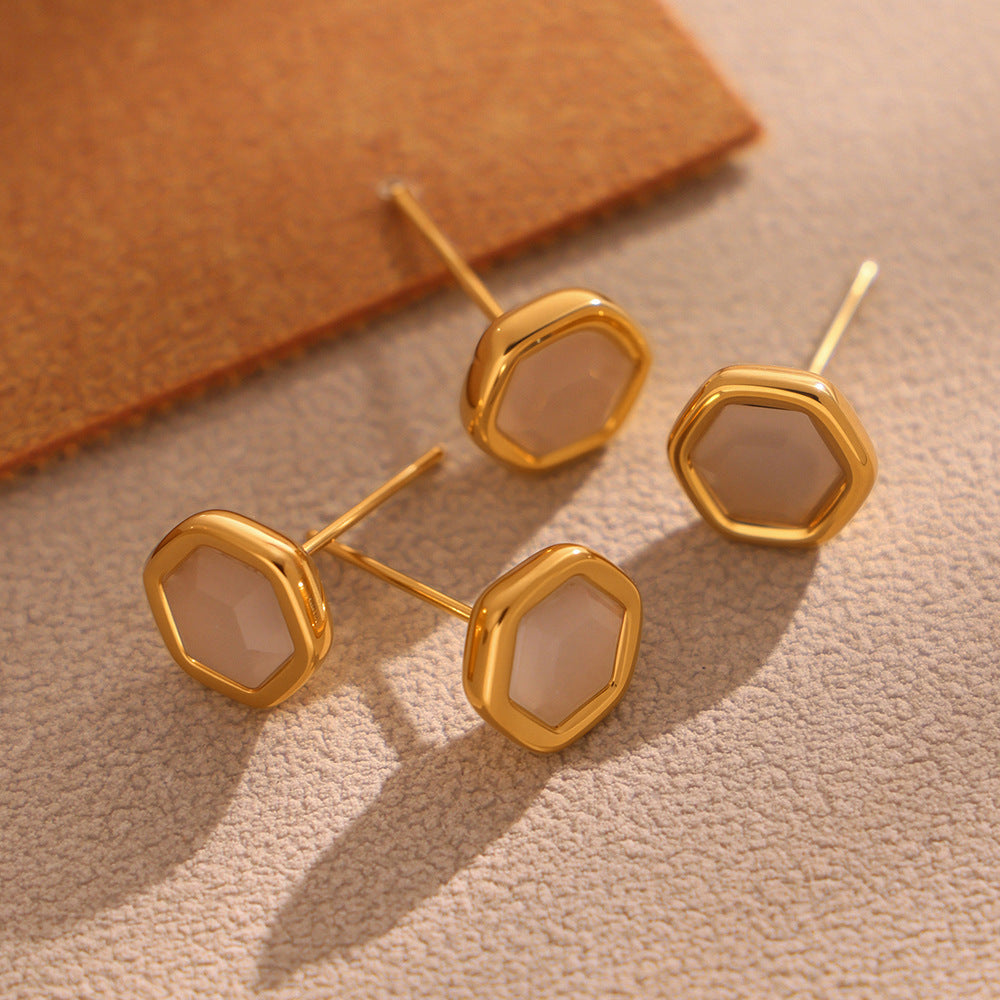 Planderful Opal Hexagon Stud Earrings Women 18K Gold Plated