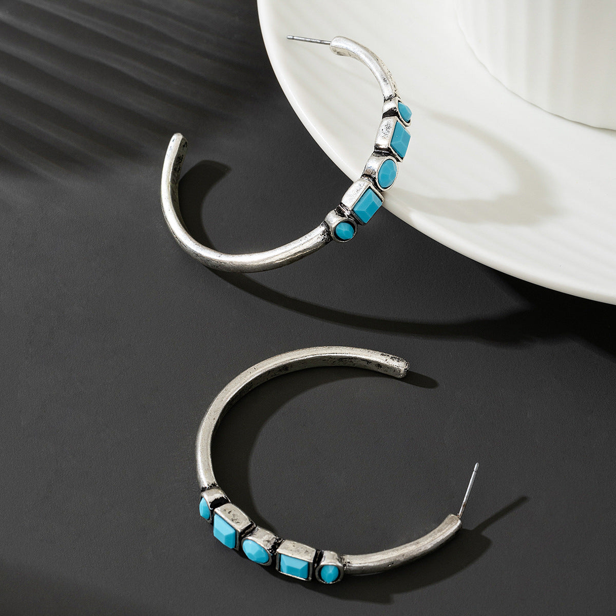 Planderful Vienna Verve Earrings – Stylish Metal C-Shaped Design with Turquoise Accents