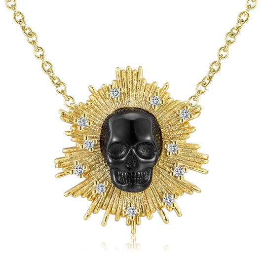 Halloween Black Skull Irregular Shape Pendant Zircon Silver Necklace