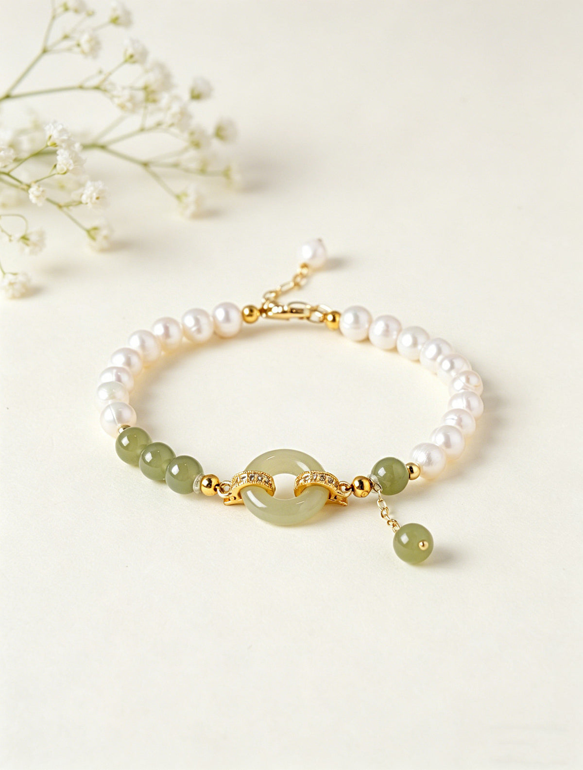 Hetian Jade & Freshwater Pearl Peace Buckle Set