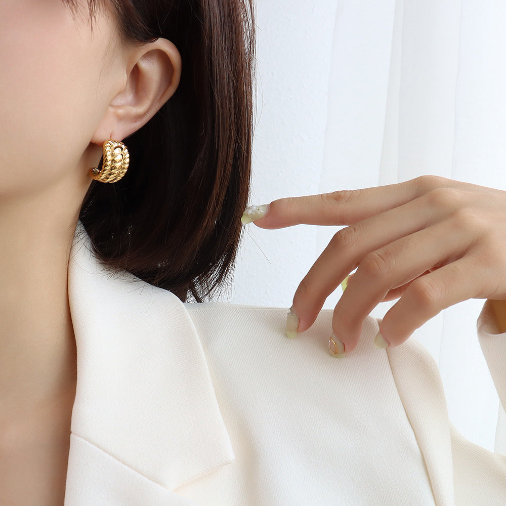 Elegant Three-Layer French Croissant Earrings in Titanium Steel and 18K Gold