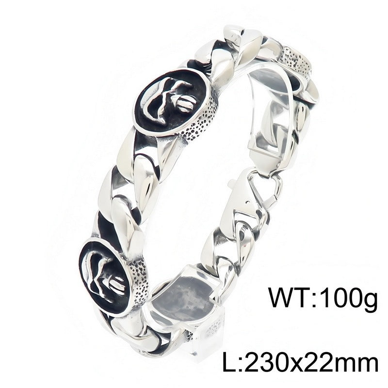 Dark Old 22mm Wide Cuban Chain Layered Skull Round Plate Stainless Steel Bracelet