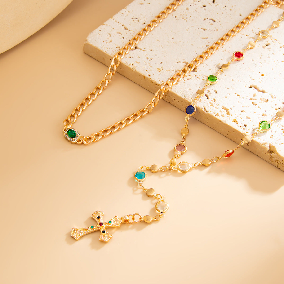Colorful Crystal-Style Cross Y-Necklace