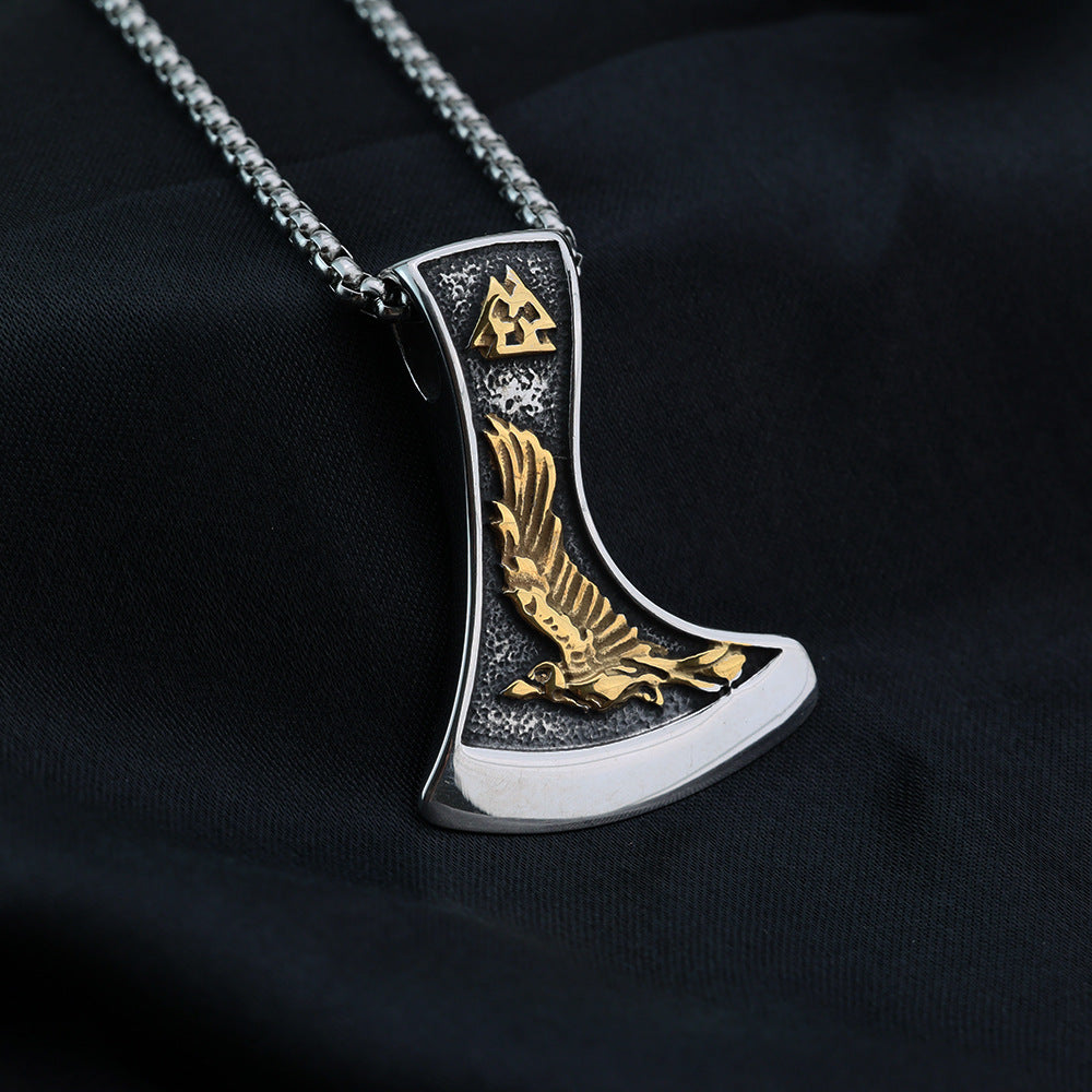 Planderful Viking Pendant For Men Bold Stainless Steel Norse Axe Wolf Raven Double Sided Necklace
