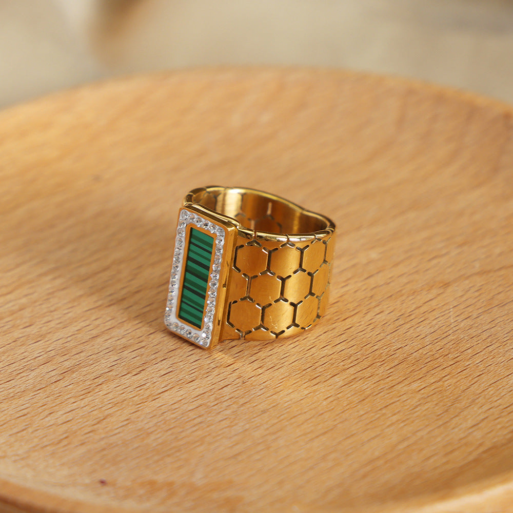 Luxurious Geometric Zircon-Embellished Ring with Titanium Steel and Gold Plating