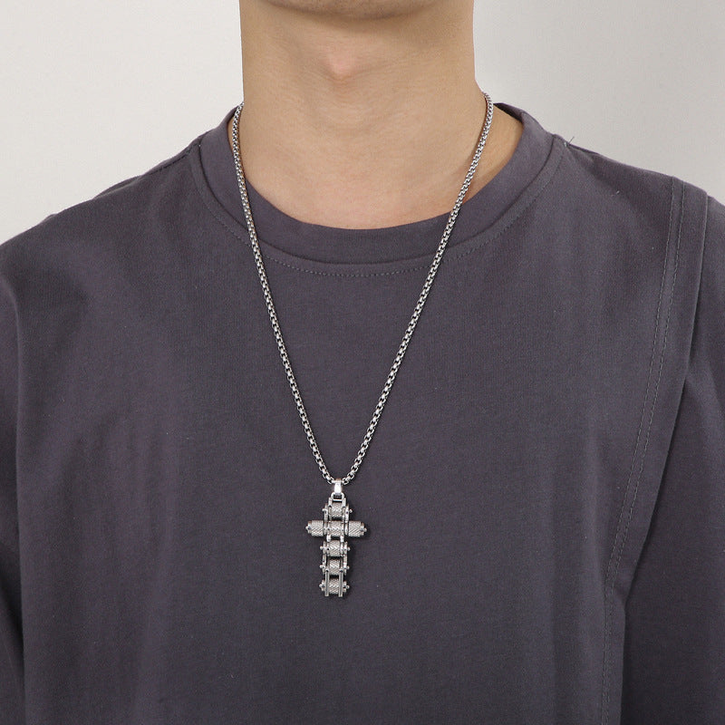 Creative Bicycle Chain Cross Pendant, Retro Hip-Hop Nightclub Men's Titanium Steel Square Pearl Necklace